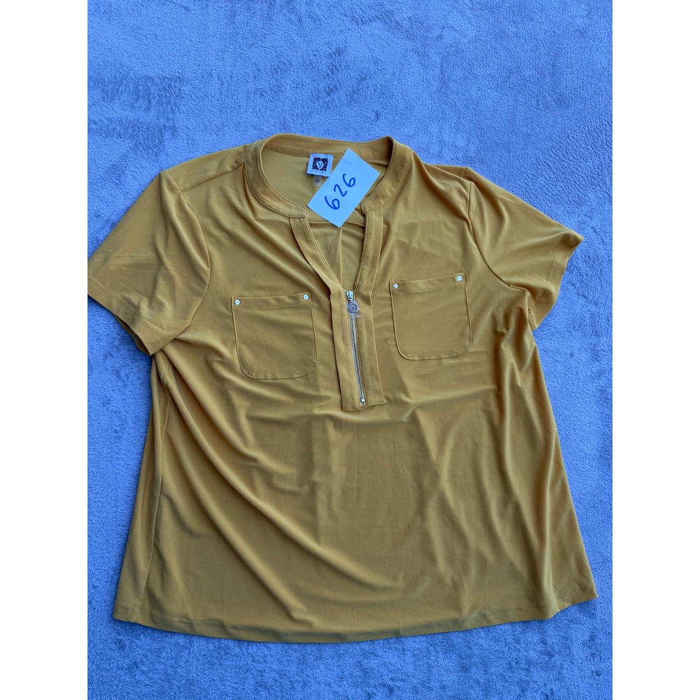 Anne Klein Blouse Womens XL Yellow Zip Neck Short Sleeve Pocket Top